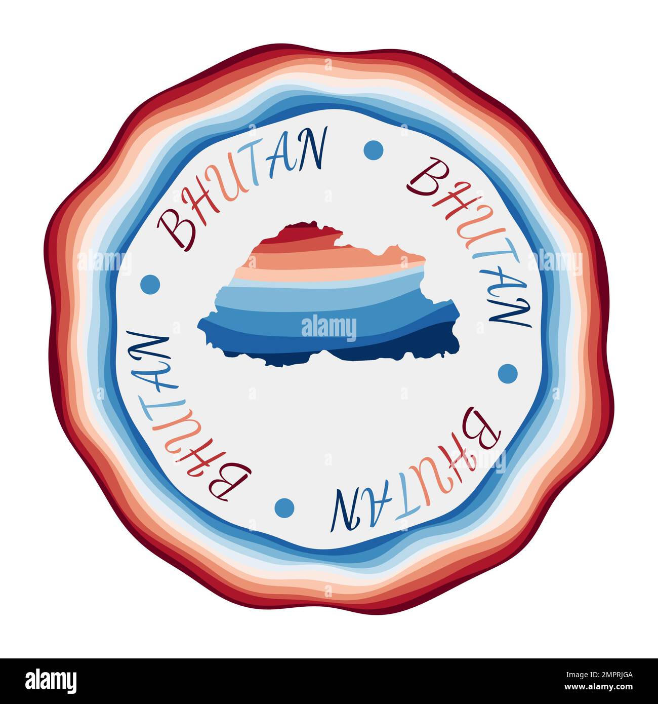 Badge Bhoutan. Carte du pays avec de belles vagues géométriques et un cadre rouge et bleu vif. Logo rond vif du Bhoutan. Illustration vectorielle. Illustration de Vecteur