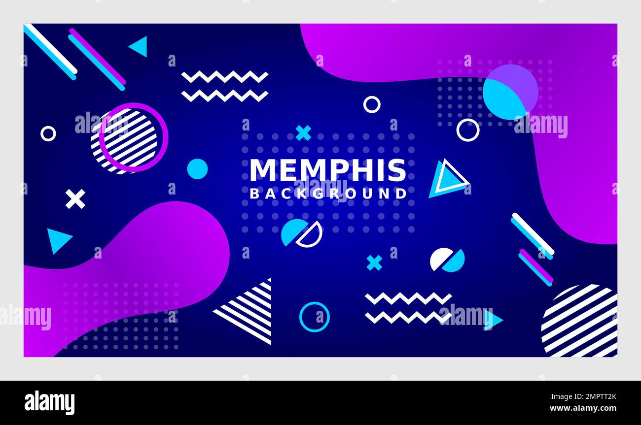 Fond de Memphis bleu avec des éléments de conception violets. Toile de fond abstraite colorée avec formes liquides. Modèle de médias sociaux avec éléments géométriques. Illustration de Vecteur