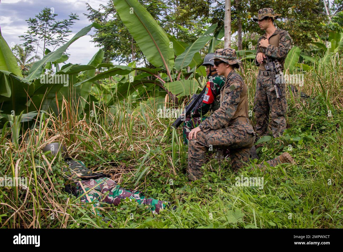 ÉTATS-UNIS Des Marines de reconnaissance avec la Marine Rotational Force-Southeast Asia (MRF-SEA), I Marine Expeditionary Force, et des Marines indonésiennes avec le 7th Infantry Battalion, 4th Marine Brigade, mènent une activité d'application pratique bilatérale des bases de l'embuscade lors de l'exercice marin Keris (MAREX) 23, le 7th Infantry Battalion base, Lampung, Indonésie, 19 novembre 2022. Keris MAREX est un exercice bilatéral organisé par l'armée nationale indonésienne entre les Korps Marinir Republik Indonesia et les États-Unis Le corps maritime s'est concentré sur la promotion de l'interopérabilité militaire, la sensibilisation au domaine maritime, le renforcement Banque D'Images