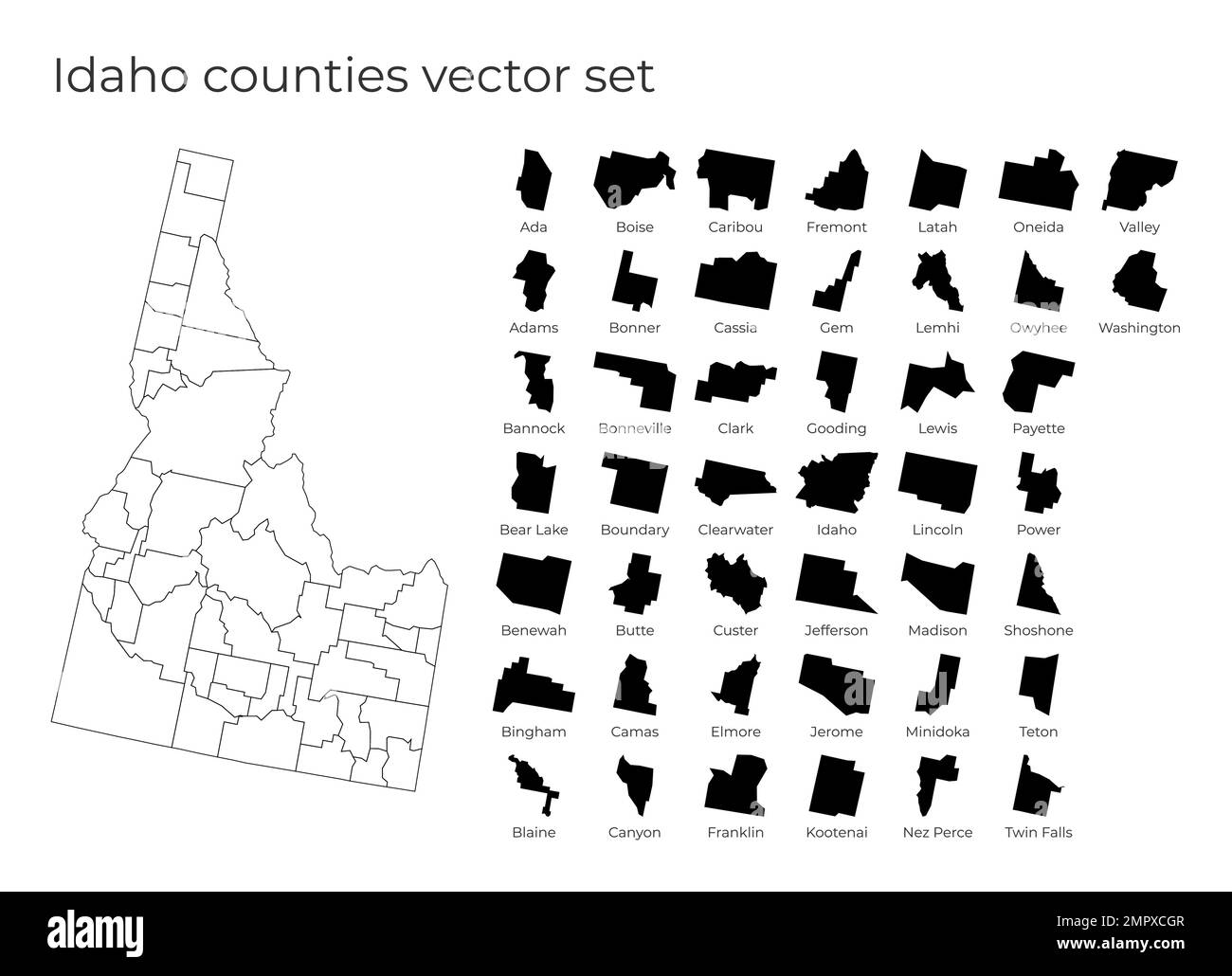 Carte Idaho avec les formes des régions. Carte vectorielle vierge de l'état des États-Unis avec les comtés. Frontières de l'état américain pour votre infographie. Illustration vectorielle. Illustration de Vecteur