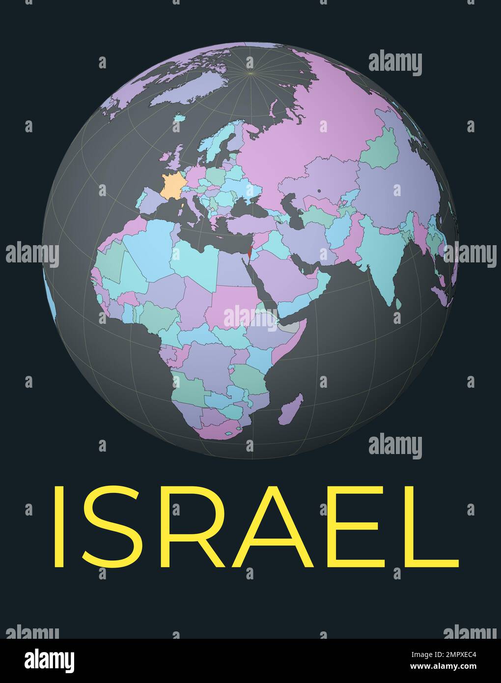 Carte du monde centrée sur Israël. Pays rouge mis en surbrillance. Vue mondiale satellite centrée sur le pays avec le nom. Illustration vectorielle. Illustration de Vecteur