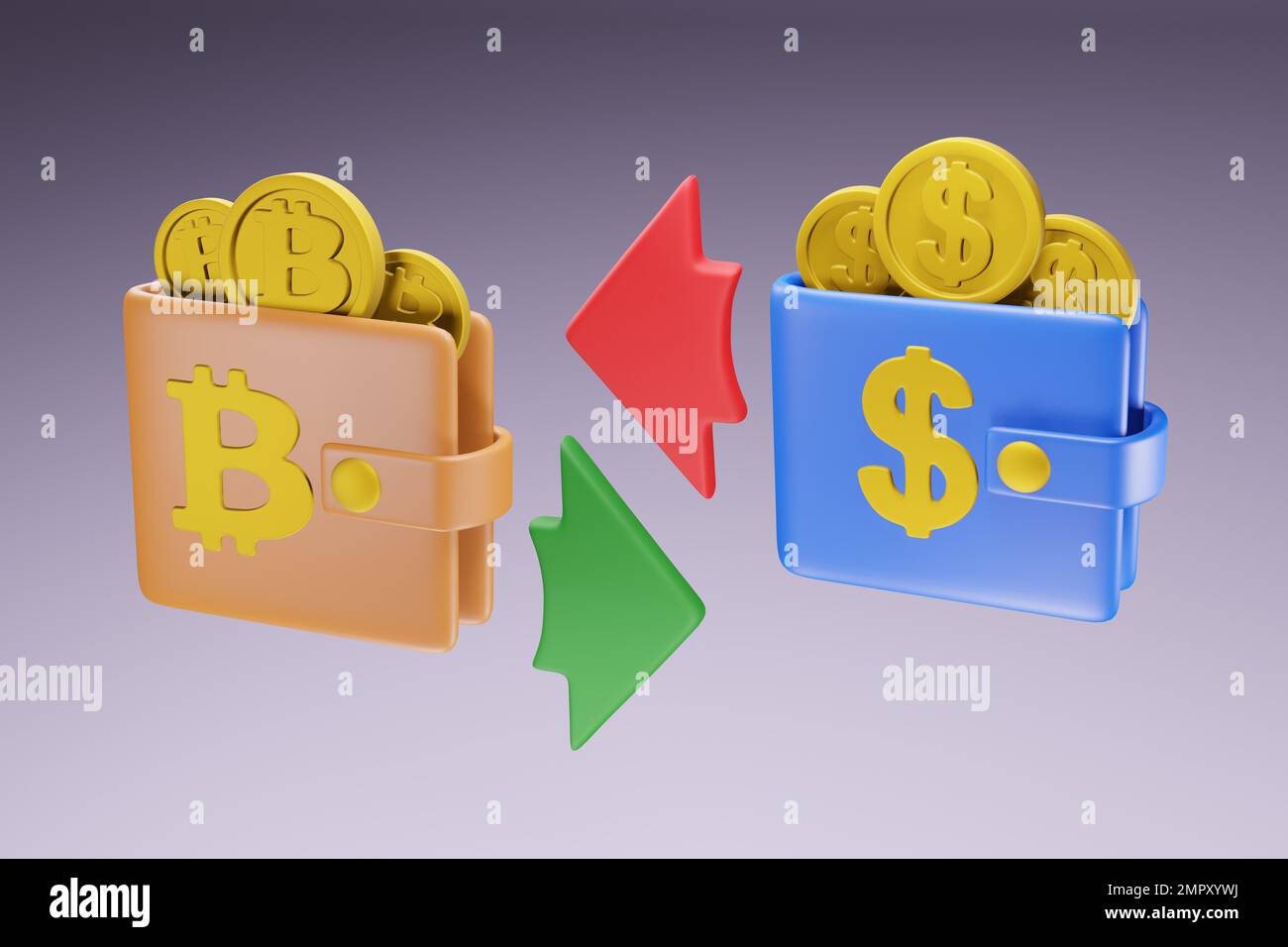 Échange bitcoin au dollar entre les portefeuilles , échange crypto-monnaie  dans le portefeuille , design concept couleur, rendu 3D Photo Stock - Alamy
