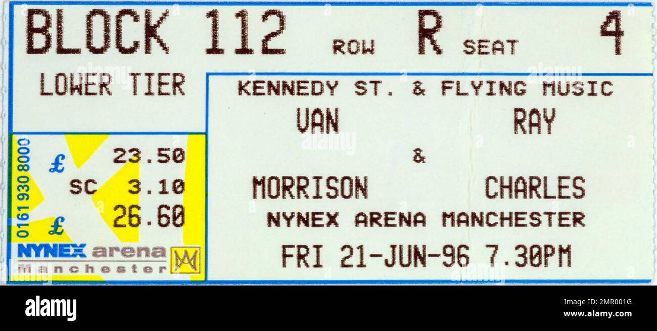 Van Morrison & Ray Charles, stade NYMEX, 21 juin 1996, tickets de concert, Music concert Memorabilia, Manchester, Angleterre, Royaume-Uni Banque D'Images