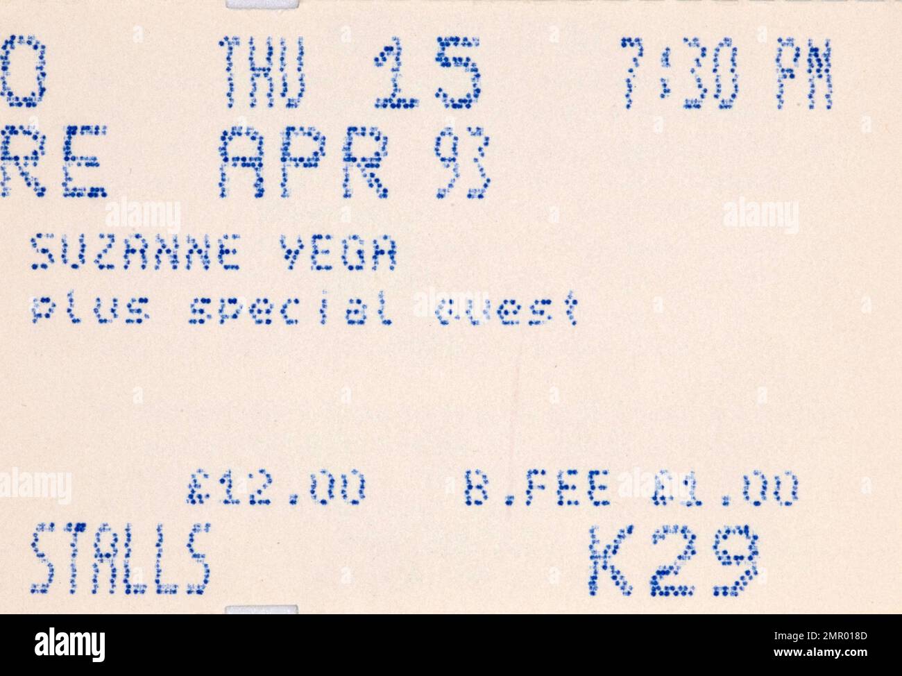 Suzanne Vega, 15 avril 1993, tickets de concert, Music concert Memorabilia , Manchester, Angleterre, Royaume-Uni Banque D'Images