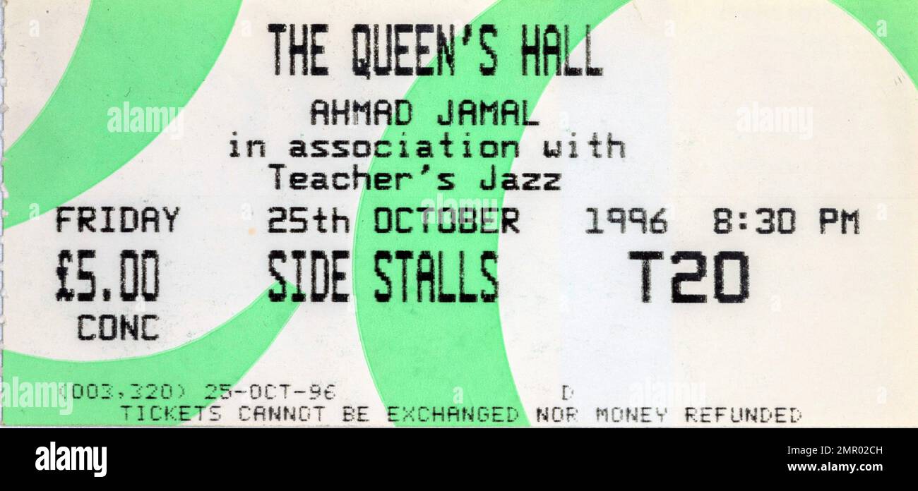 Ahmad Jamal, The Queen s Hall, Édimbourg, 25 octobre 1996, tickets de concert, Souvenirs de concerts de musique , Banque D'Images
