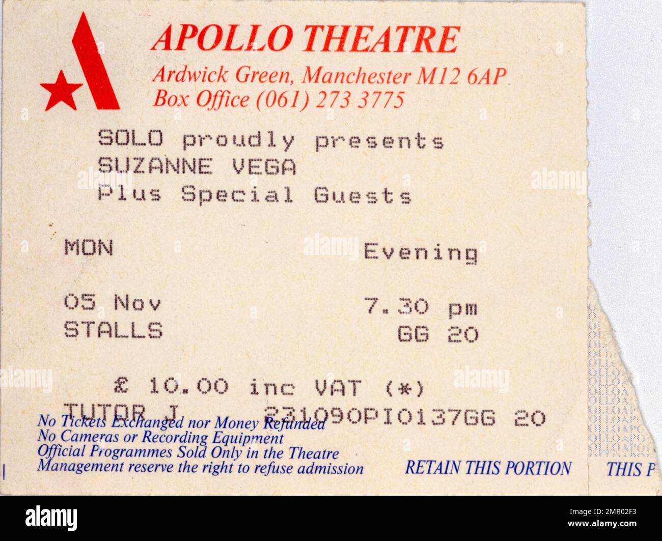 Suzanne Vega, tickets de concert, Music concert Memorabilia , Manchester, Angleterre, Royaume-Uni Banque D'Images
