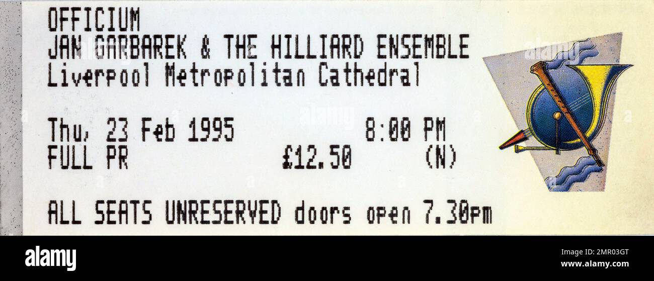 Jan Garbarek et l'ensemble Hilliard, Liverpool, 23 février 1995, talons de billets de concert, souvenirs de concerts musicaux , Banque D'Images