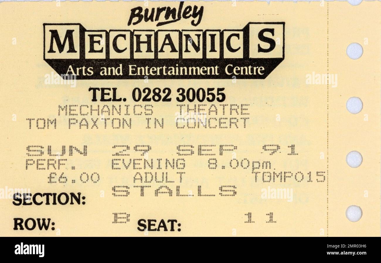 Tom Paxton, Burnley Mechanics, stubs de billets de concert, souvenirs de concerts de musique , Banque D'Images