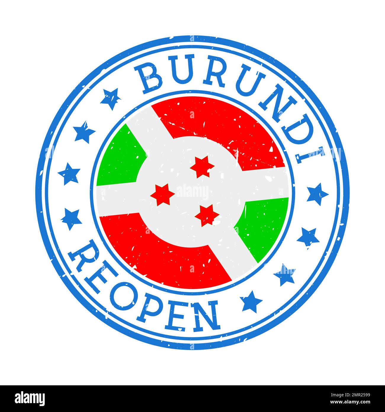 Timbre de réouverture du Burundi. Badge rond du pays avec drapeau du Burundi. Panneau de réouverture après verrouillage. Illustration vectorielle. Illustration de Vecteur