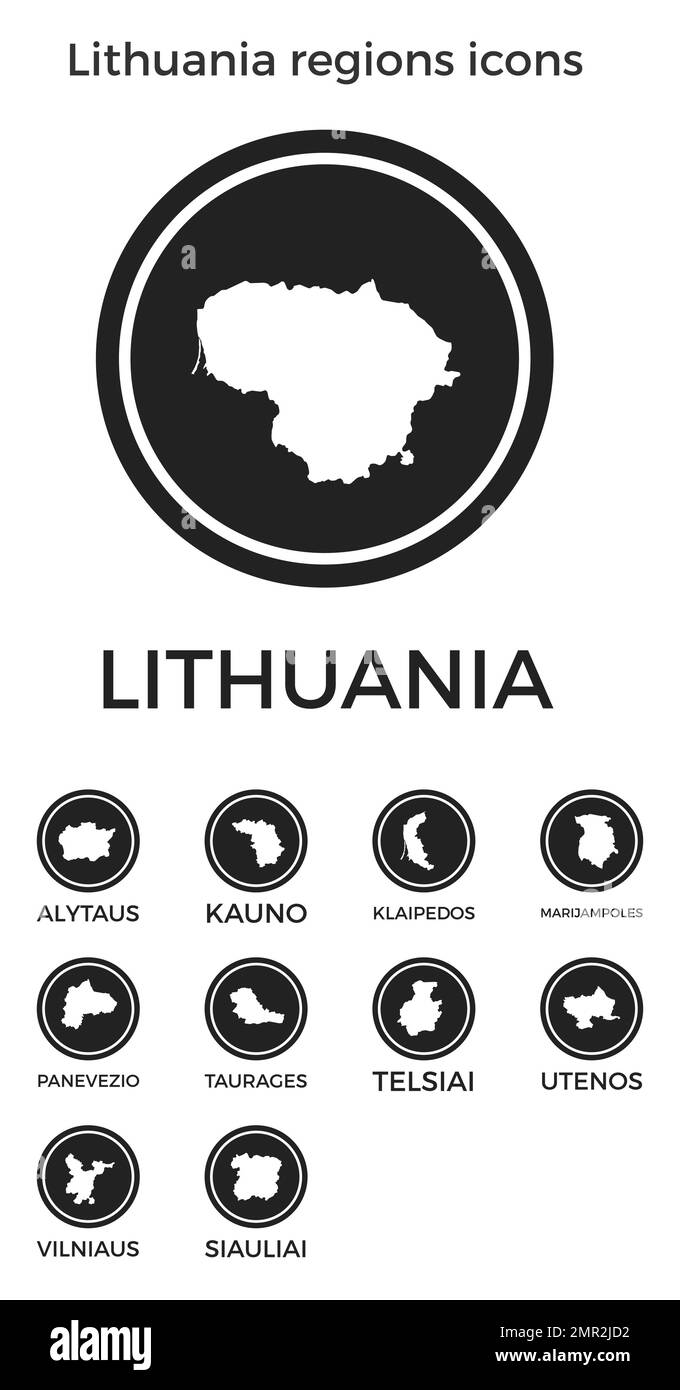 Icônes des régions de Lituanie. Logos ronds noirs avec cartes et titres des pays. Illustration vectorielle. Illustration de Vecteur