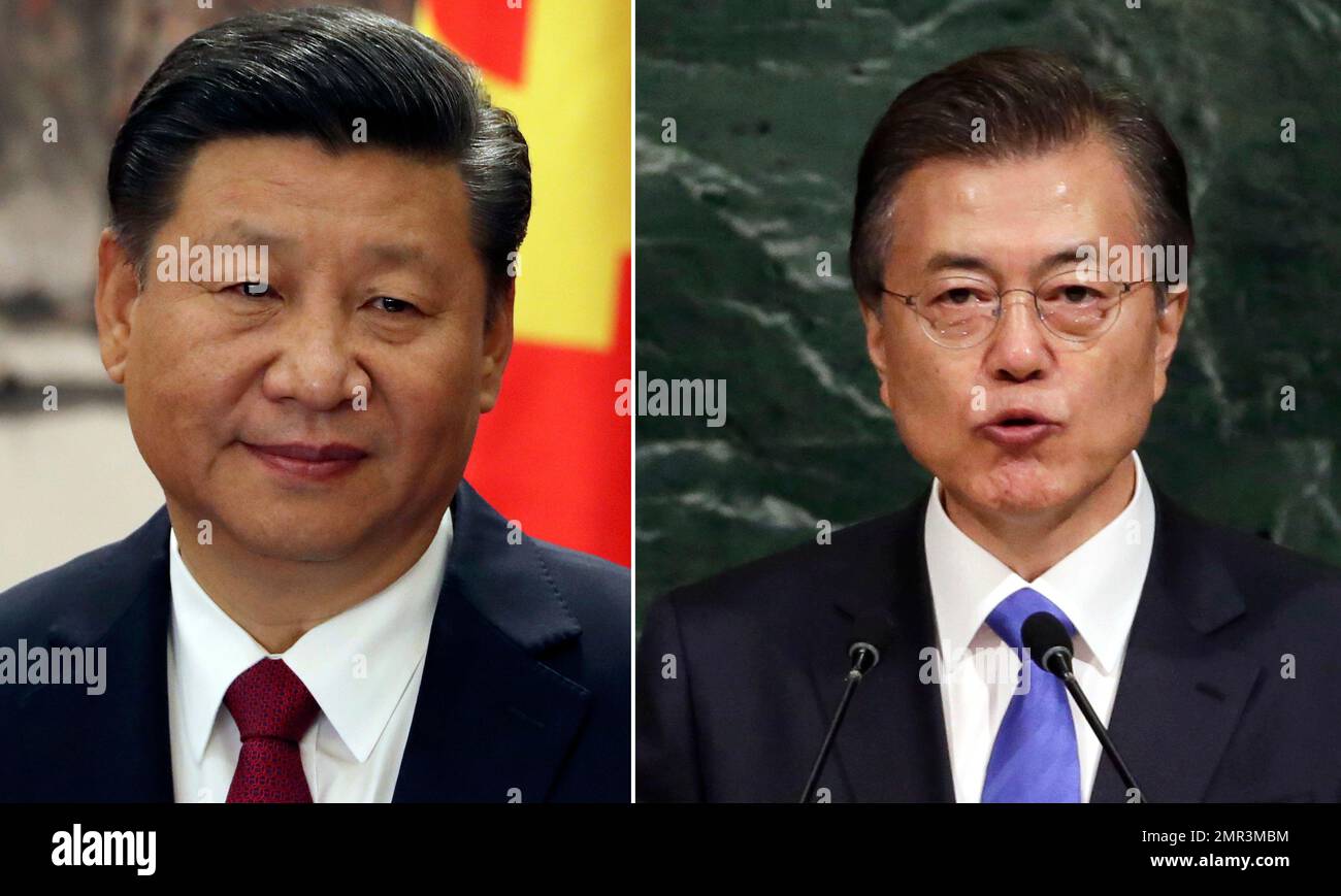 FILE - This combination of the file photos show Chinese President Xi Jinping, left, on Oct 25, 2017 in Beijing and South Korean President Moon Jae-in on Sept. 21, 2017 at U.N. headquarters. South Korean senior presidential official told a televised briefing Tuesday, Oct. 31, 2017 that President Moon and Xi will talk on the sidelines of an annual regional forum in Vietnam next week. (AP Photo/Ng Han Guan, Richard Drew, File) Banque D'Images
