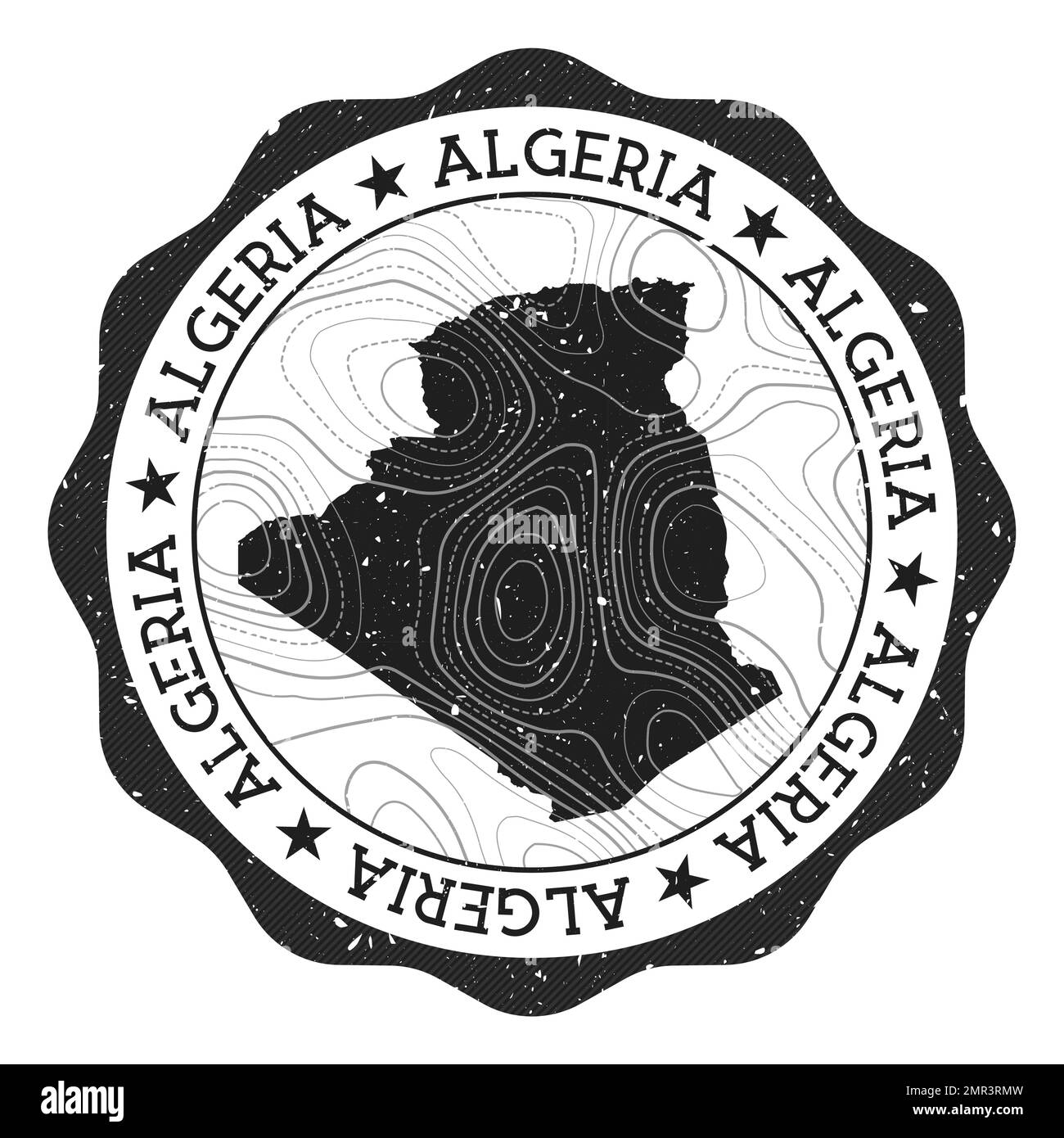 Timbre extérieur de l'Algérie. Autocollant rond avec carte du pays avec isolignes topographiques. Illustration vectorielle. Peut être utilisé comme insigne, logotype, label, sti Illustration de Vecteur