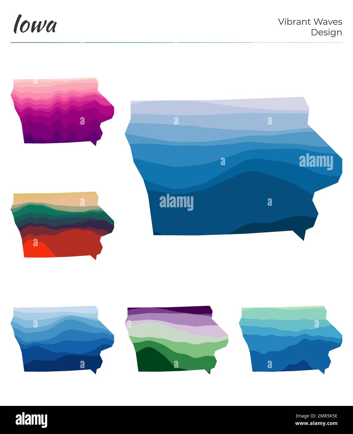 Ensemble de cartes vectorielles de l'Iowa. Motif vagues vibrantes. Carte lumineuse de notre état dans le style de courbes géométriques lisses. Carte multicolore de l'Iowa pour votre conception. Styl Illustration de Vecteur