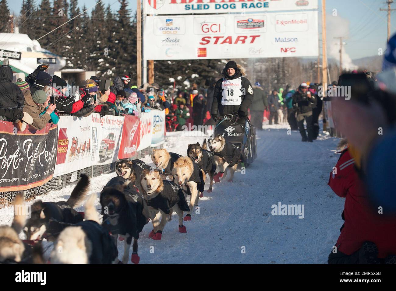 FILE - In this March 6, 2017, file photo, Dallas Seavey, four-time Iditarod winner and reigning champion, is aiming for his fifth Iditarod crown in six years. Seavey took off wearing bib #18 at the start of the 45th Iditarod Trail Sled Dog Race in Fairbanks, Alaska. Four-time Iditarod champion Seavey denies he administered banned drugs to his dogs in this year's race, and has withdrawn from the 2018 race in protest. The Iditarod Trail Committee on Monday, Oct. 23, 2017, identified Seavey as the musher who had four dogs test positive for a banned opioid pain reliever after finishing the race la Banque D'Images