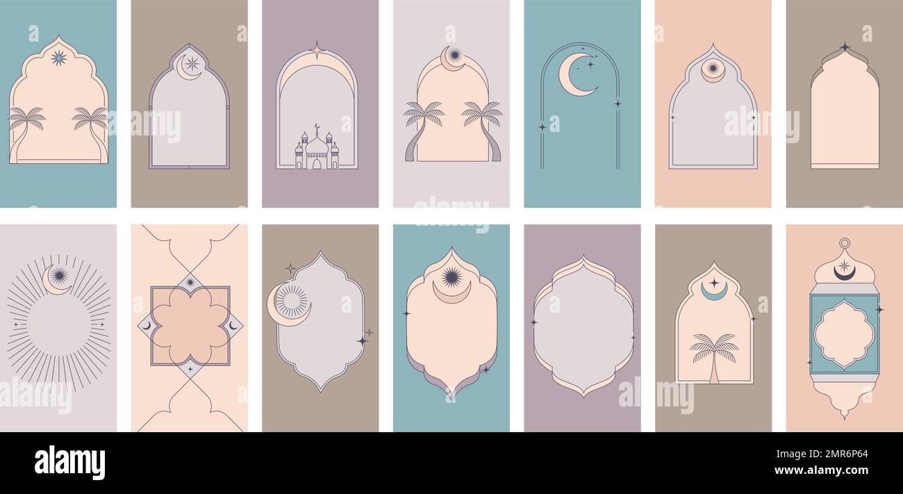 Collection de fenêtres et d'arches islamiques de style linéaire minimaliste au design boho moderne, lune, dôme de mosquée et lanternes. Illustrations minimalistes Illustration de Vecteur