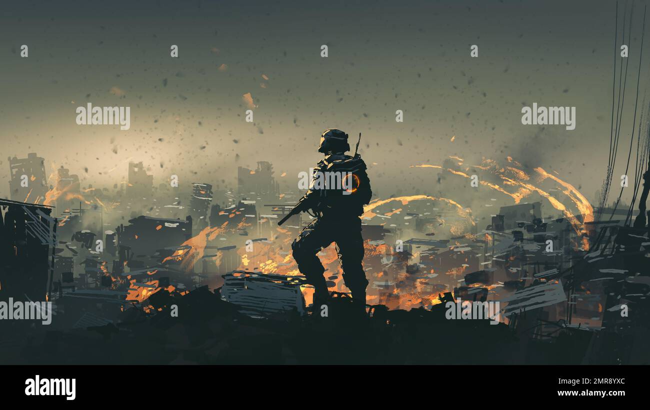 soldat avec une arme debout sur les ruines de la ville détruite, style d'art numérique, peinture d'illustration Banque D'Images