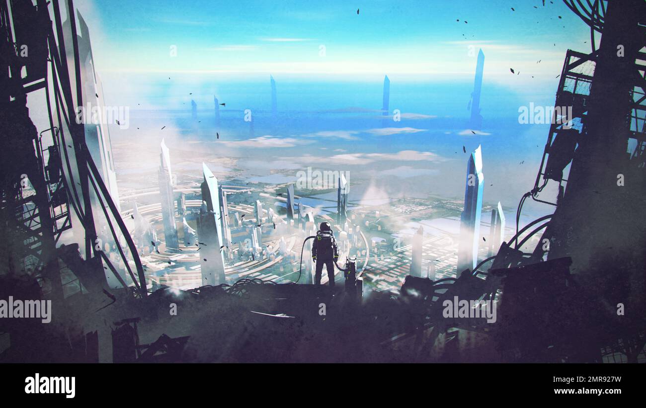 l'homme se dresse au sommet d'une structure futuriste et regarde vers le bas sur la ville ci-dessous, style d'art numérique, peinture d'illustration Banque D'Images