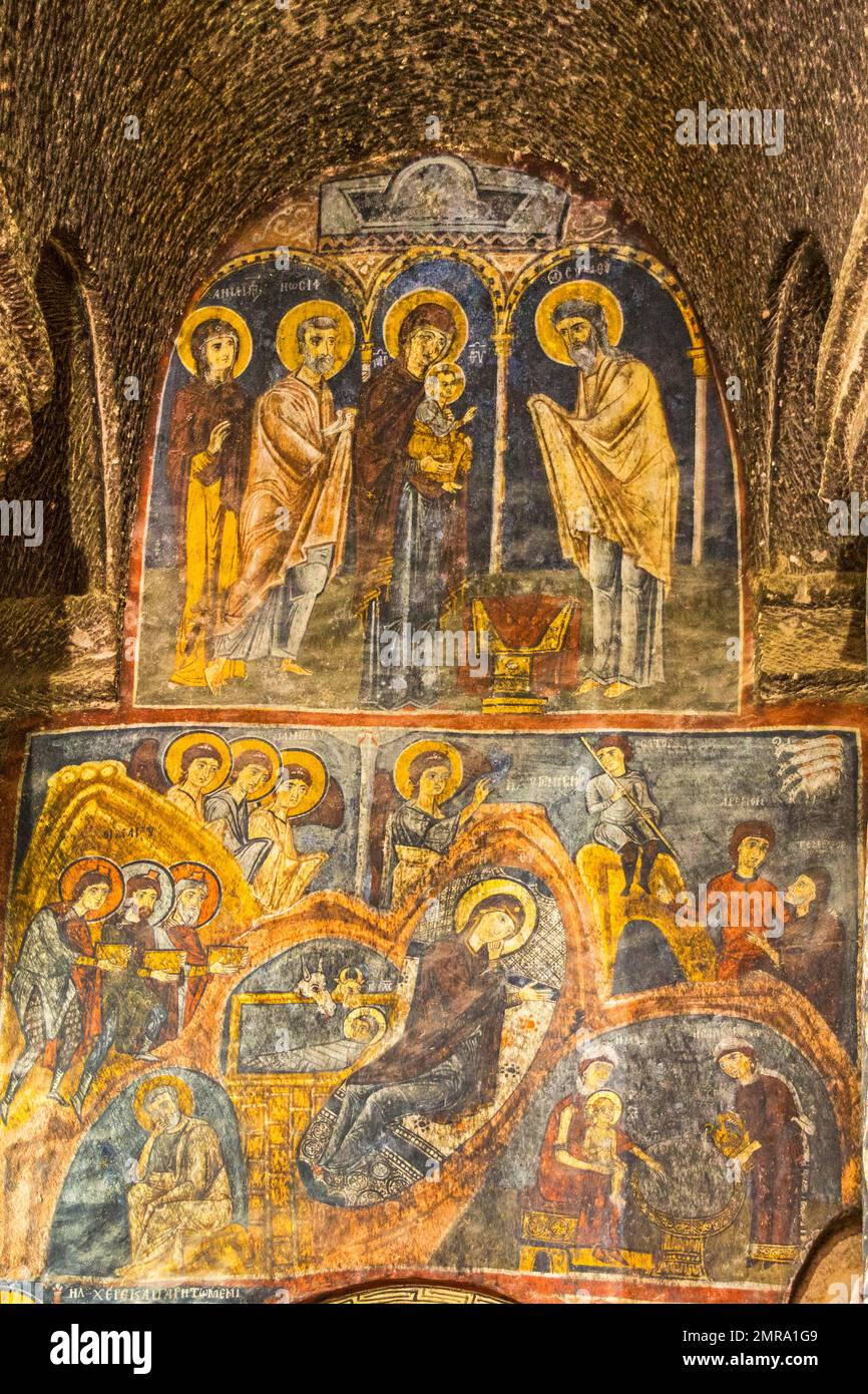 Naissance de Jésus, fresques dans le monastère d'Eski Guemuesler, Cappadoce, Turquie, Cappadoce, Turquie, Asie Banque D'Images