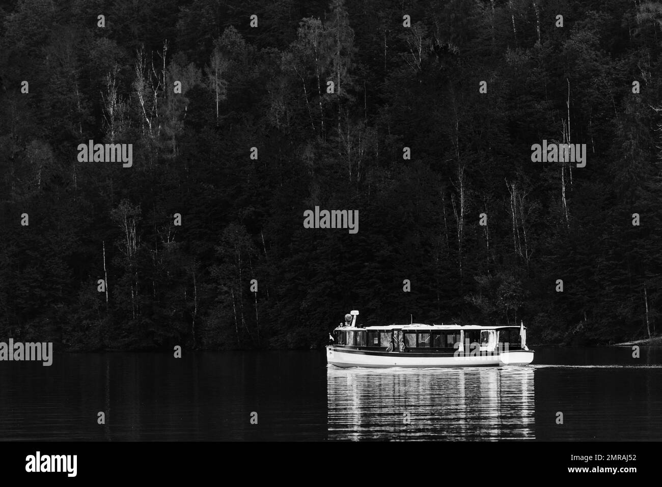 Noir et blanc, bateau d'excursion sur la Königssee, Schöngau, Berchtesgadener Land, Bavière, Allemagne, Europe Banque D'Images