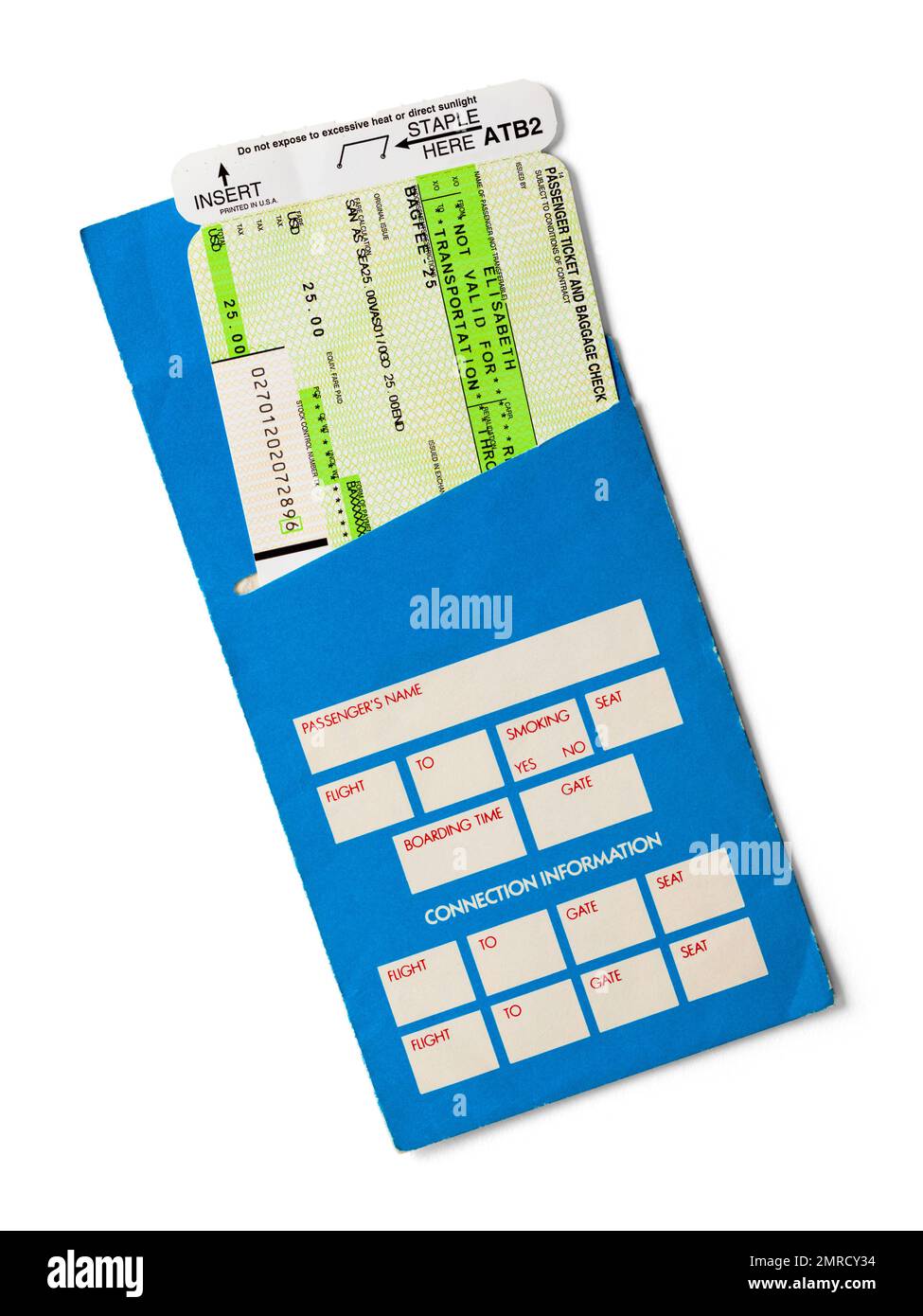 Billet d'avion avec découpe de manchon sur blanc. Banque D'Images