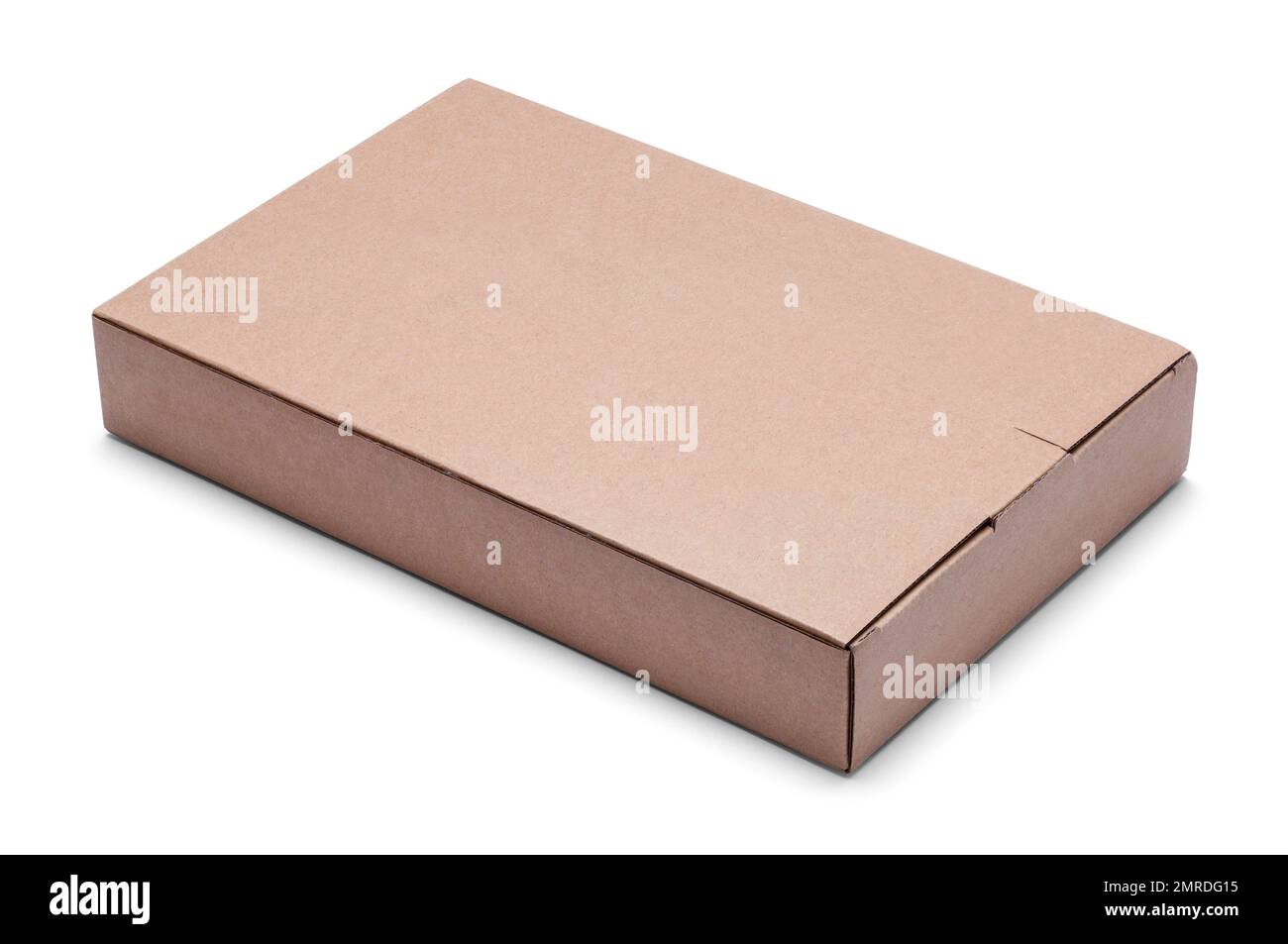 Boîte en carton marron plate découpe sur blanc. Banque D'Images