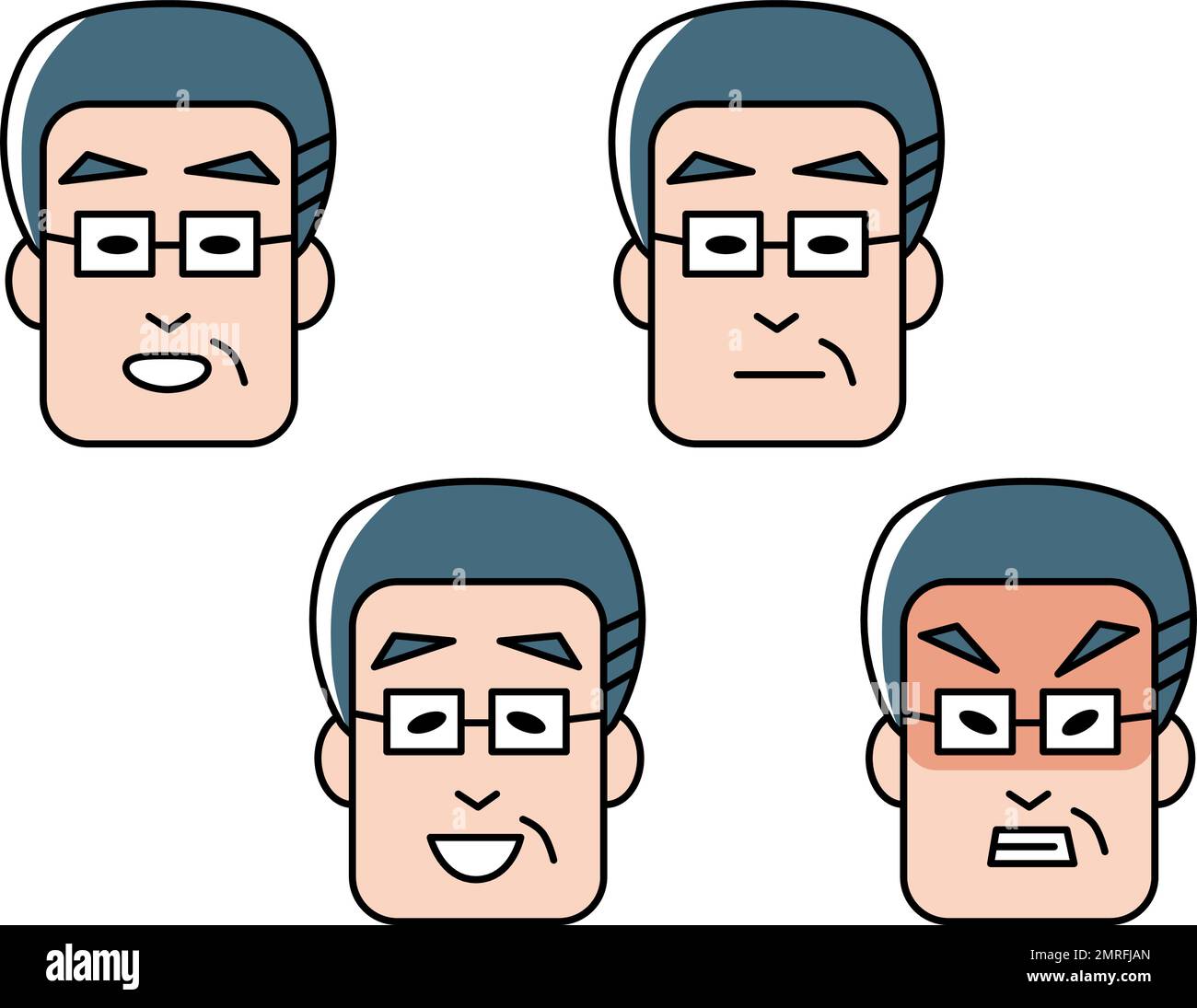Ensemble de lunettes pour homme d'âge moyen avec icône en forme de visage. Diverses expressions du visage. Illustration de Vecteur