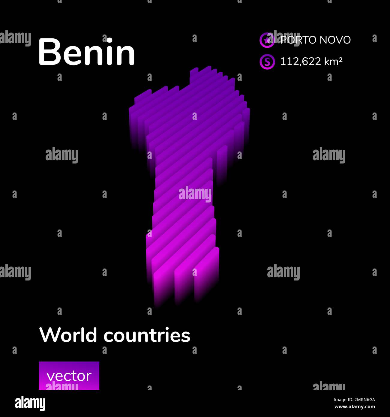 Bénin 3D carte. Carte vectorielle numérique à rayures et néon stylisée du Bénin en violet et violet sur fond noir Illustration de Vecteur