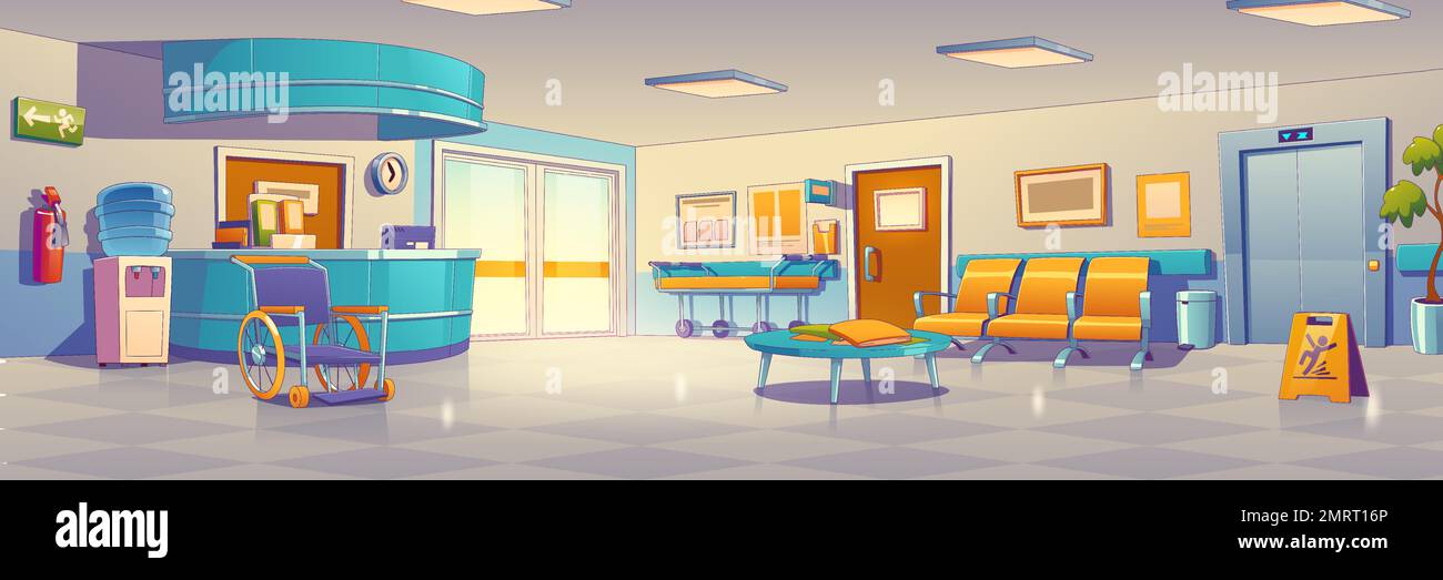 Intérieur du hall de l'hôpital ou de la clinique médicale avec comptoir de réception, chaises, portes d'ascenseur, fauteuil roulant, civière et glacière à eau. Couloir d'hôpital vide, illustration vectorielle de style contemporain Illustration de Vecteur