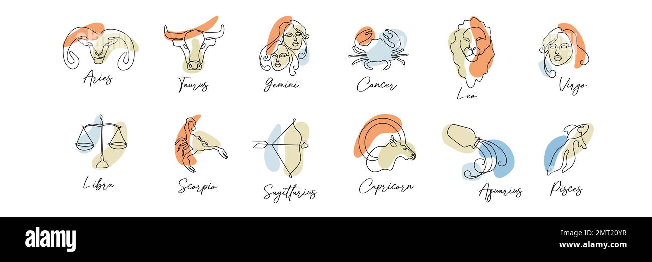 Symbole d'astrologie signe zodiaque horoscope ensemble dans le style de ligne art boho couleur Illustration de Vecteur