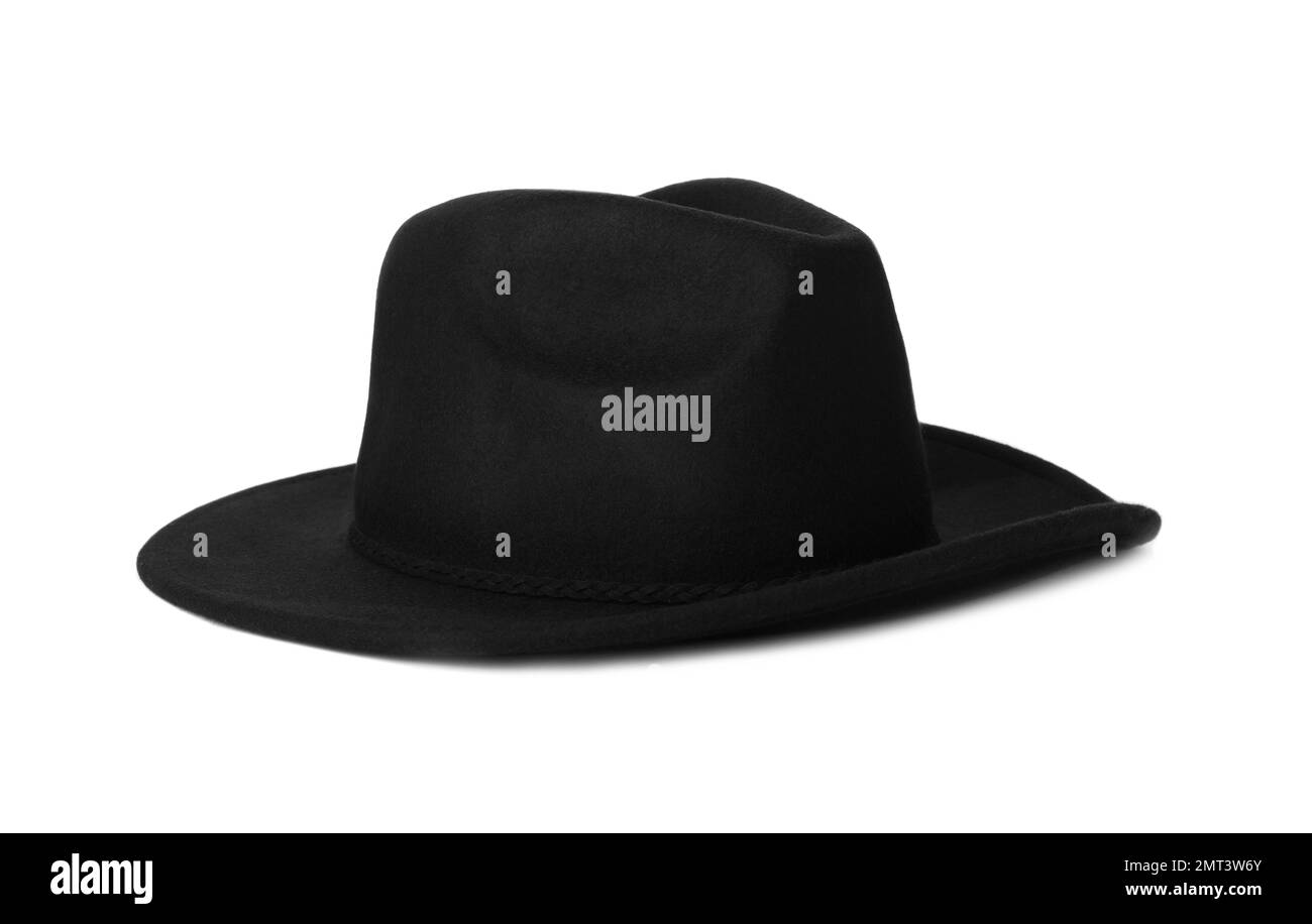 Chapeau noir isolé sur blanc. Accessoire élégant Banque D'Images