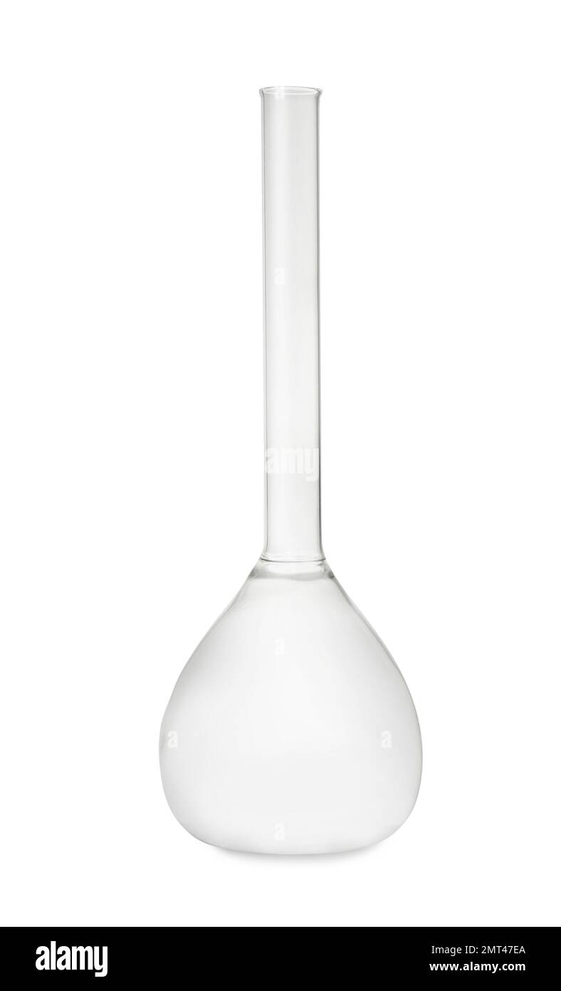 Fiole jaugée vide isolée sur blanc. Verrerie de laboratoire Banque D'Images