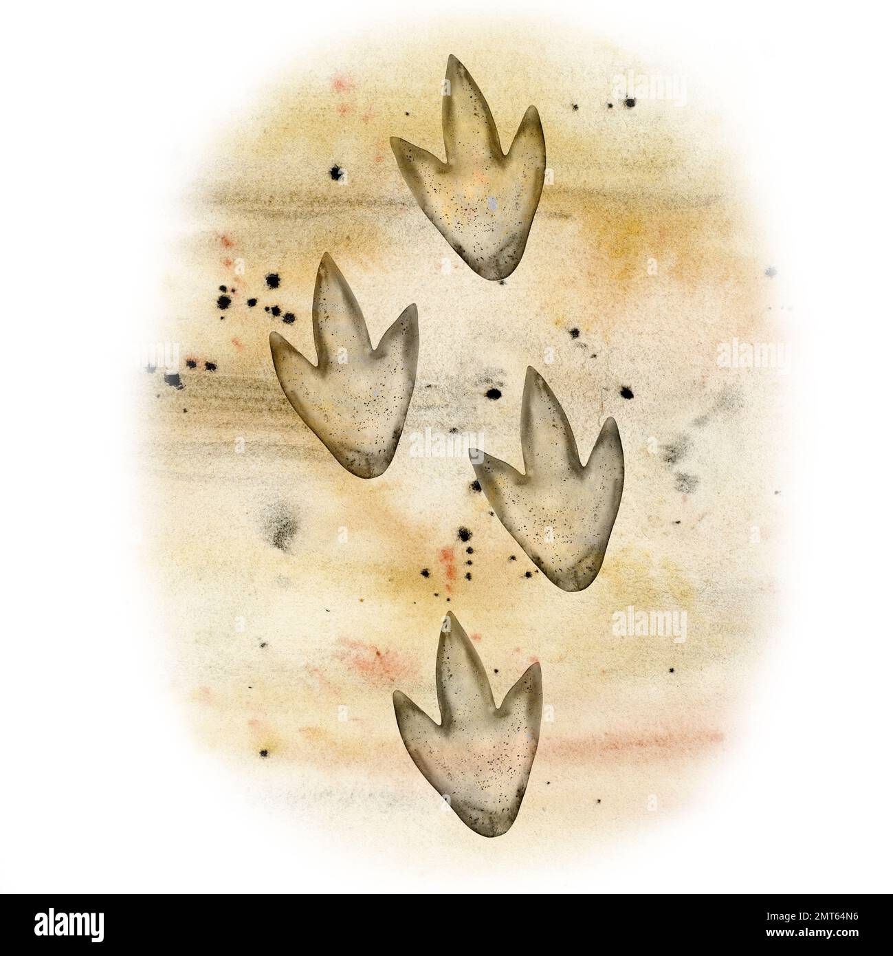 Aquarelle empreintes de dinosaures fossiles sur le sable. Traces de prédateurs dessinées à la main sur fond jaune beige. Banque D'Images