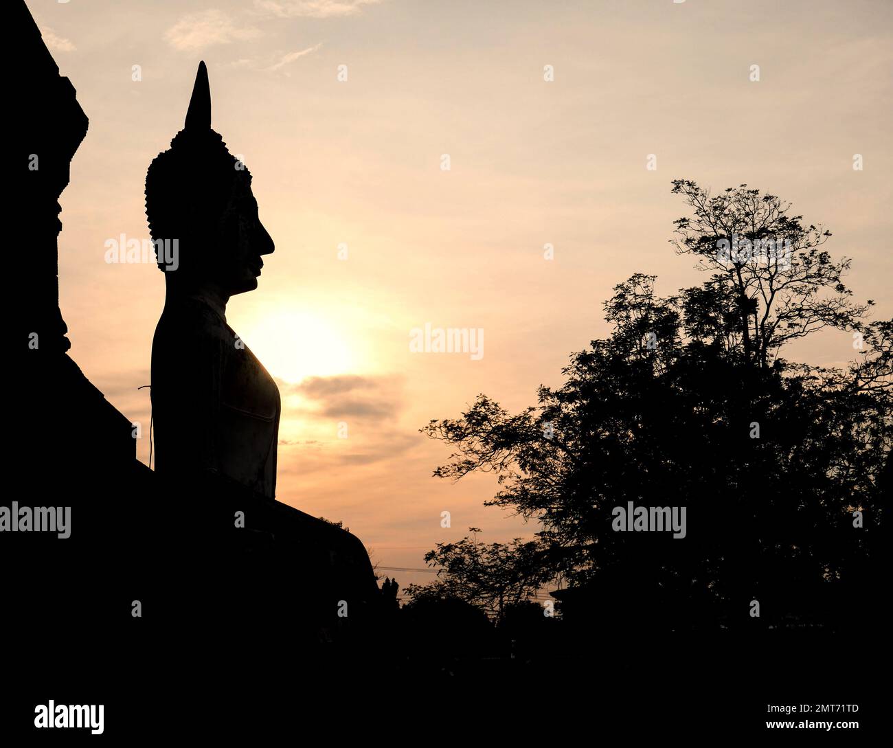 Silhouette de bouddha noir avec ciel à deux tons Banque D'Images