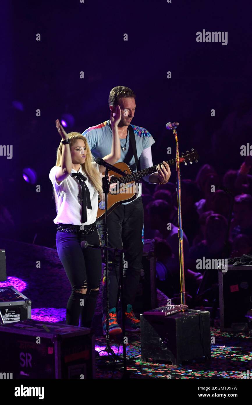 Singers Chris Martin, right, and Shakira perform at the Global Citizen Festival concert on the eve of the G-20 summit in Hamburg, northern Germany, Thursday, July 6, 2017. The leaders of the group of 20 meet July 7 and 8. (AP Photo/Jens Meyer) Banque D'Images