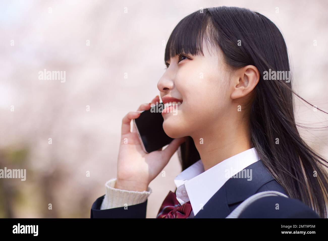 Portrait d'étudiant japonais de lycée avec fleurs de cerisier en pleine floraison Banque D'Images