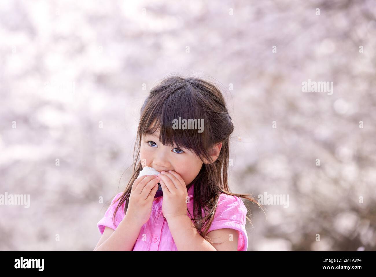 Portrait d'enfant japonais avec fleurs de cerisiers en fleurs Banque D'Images