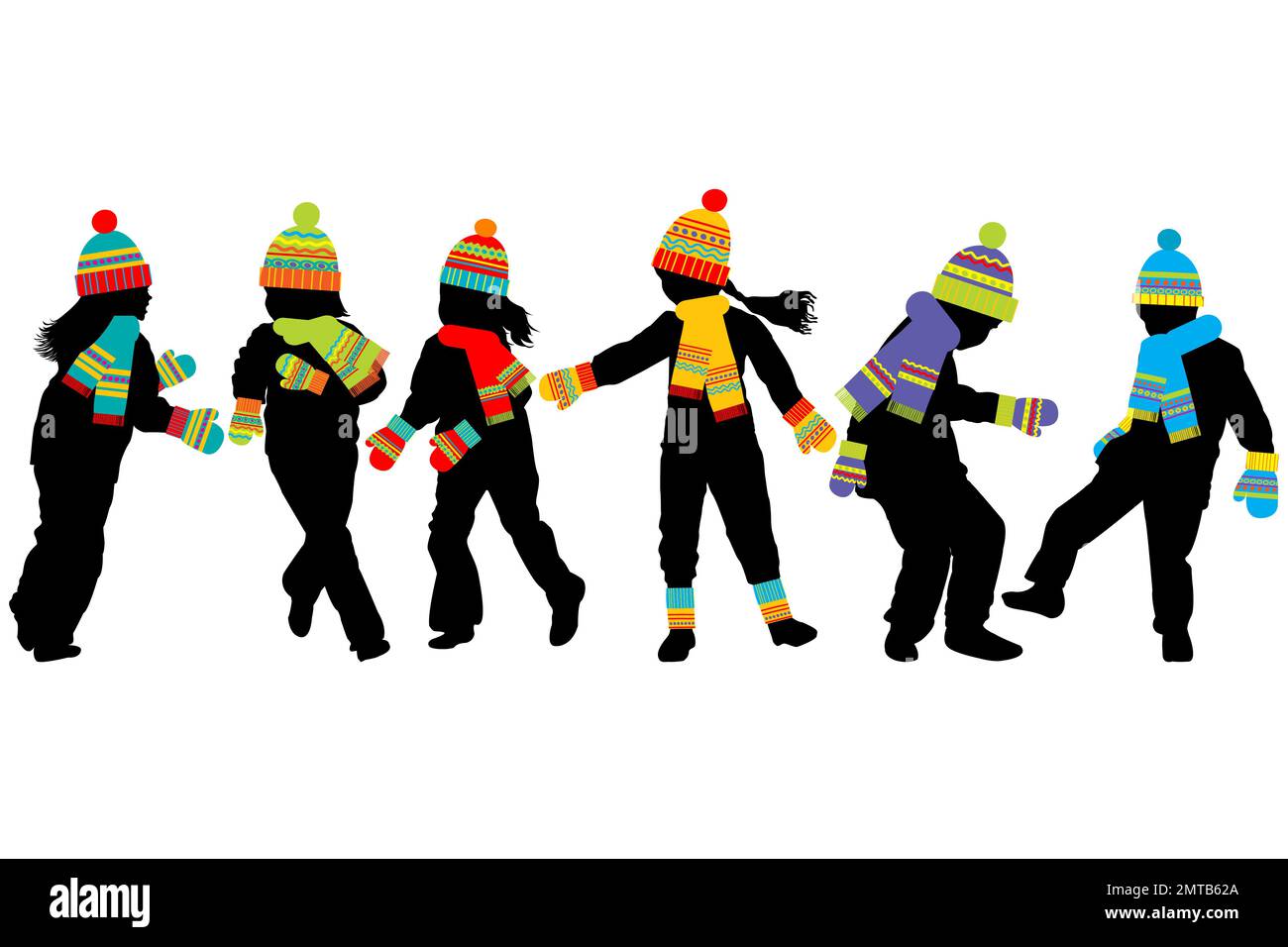 Silhouettes pour enfants s'amuser en hiver vêtements temps froid avec des foulards, des chapeaux et des moufles de couleur Illustration de Vecteur