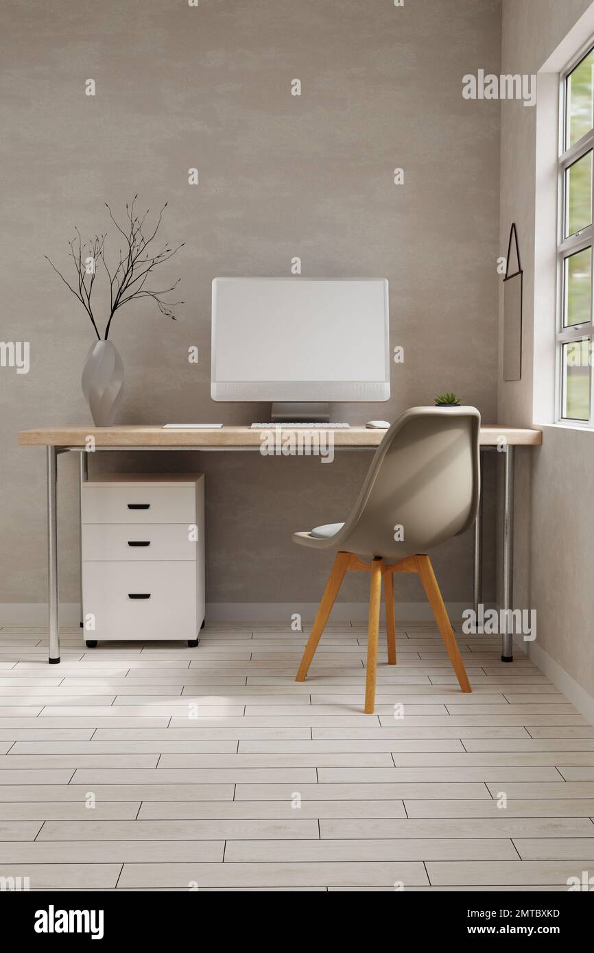 Design intérieur minimaliste d'espace de travail scandinave avec maquette  d'ordinateur de bureau PC vierge et accessoires sur table en bois au-dessus  du mur. 3d rendu Photo Stock - Alamy