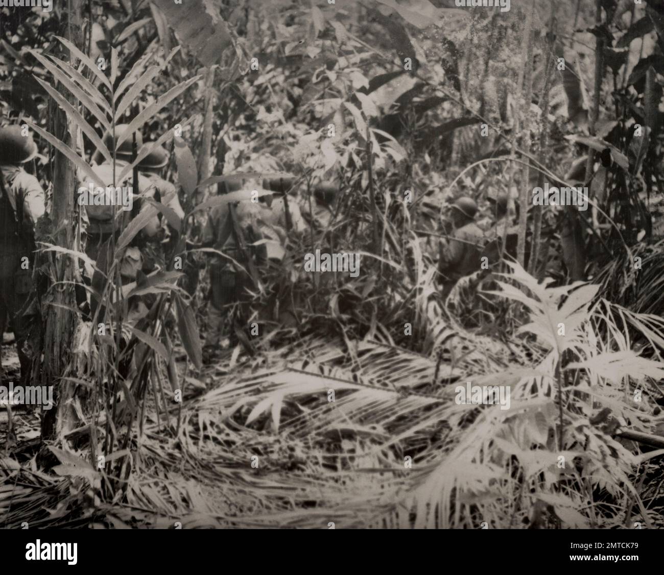 GUADALCANAL, ÎLES SALOMON - vers 1942-1943 - les Marines des États-Unis traversent une jungle dense, en gardant un œil vigilant pour les tireurs d'élite japonais pendant le Battl Banque D'Images