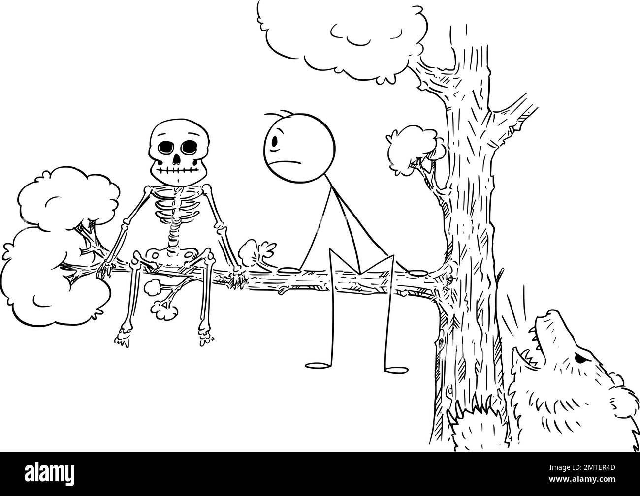 Personne assise sur le squelette d'observation d'arbre à côté de , le bâton de dessin animé Figure Illustration Illustration de Vecteur