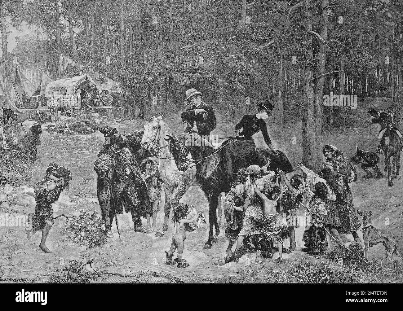 La mendicité des enfants mendiants, gypsie s'attaquera à couple distingué en sortant, illustration publié en 1880 Banque D'Images