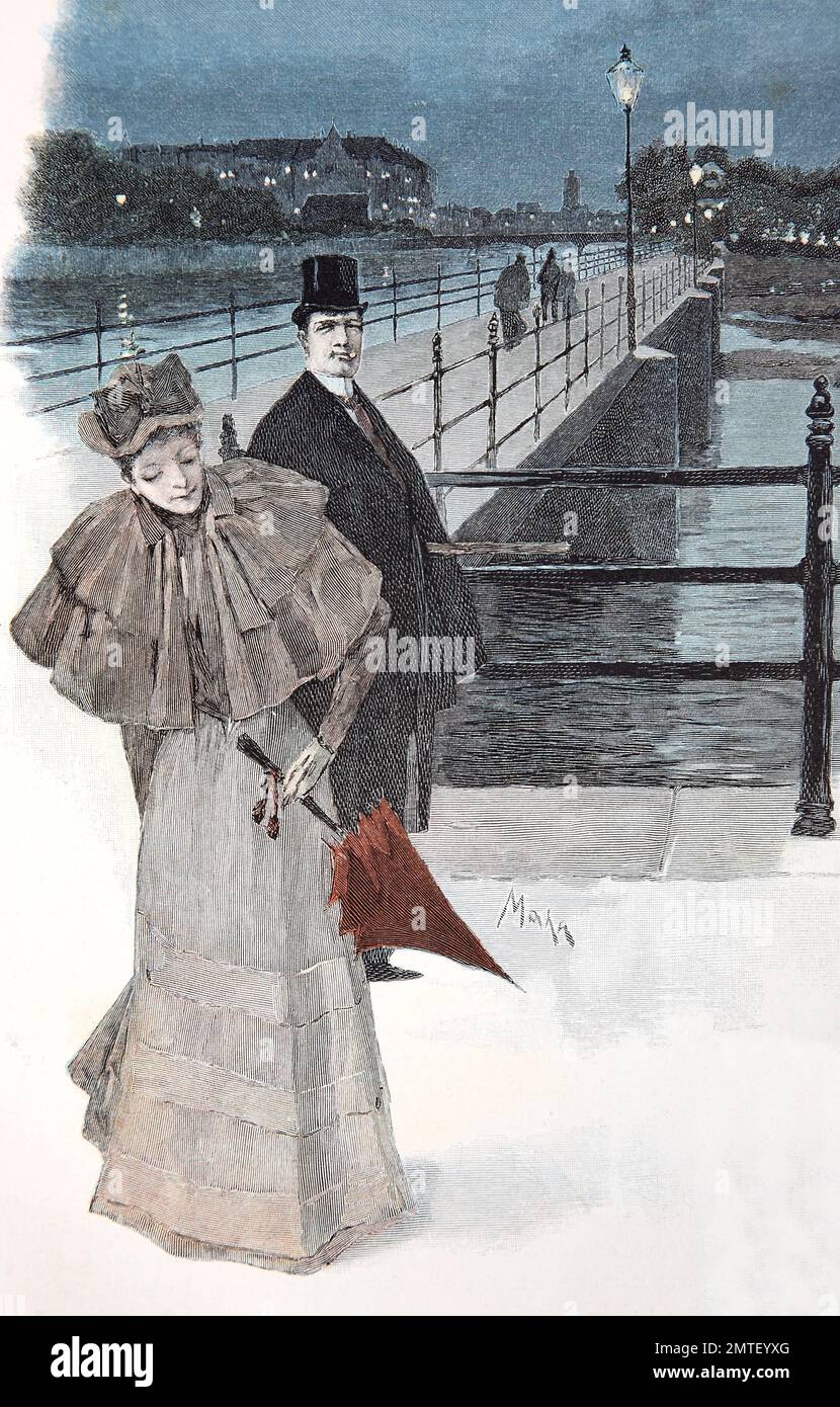 Munich, Allemagne, en couple au bord de la rivière Isar, 1880, gravure sur bois, l'illustration historique Banque D'Images