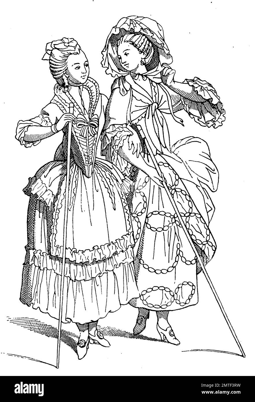 Les femmes de Paris promenade avec costume, 1780, histoire de la mode, des costumes story Banque D'Images