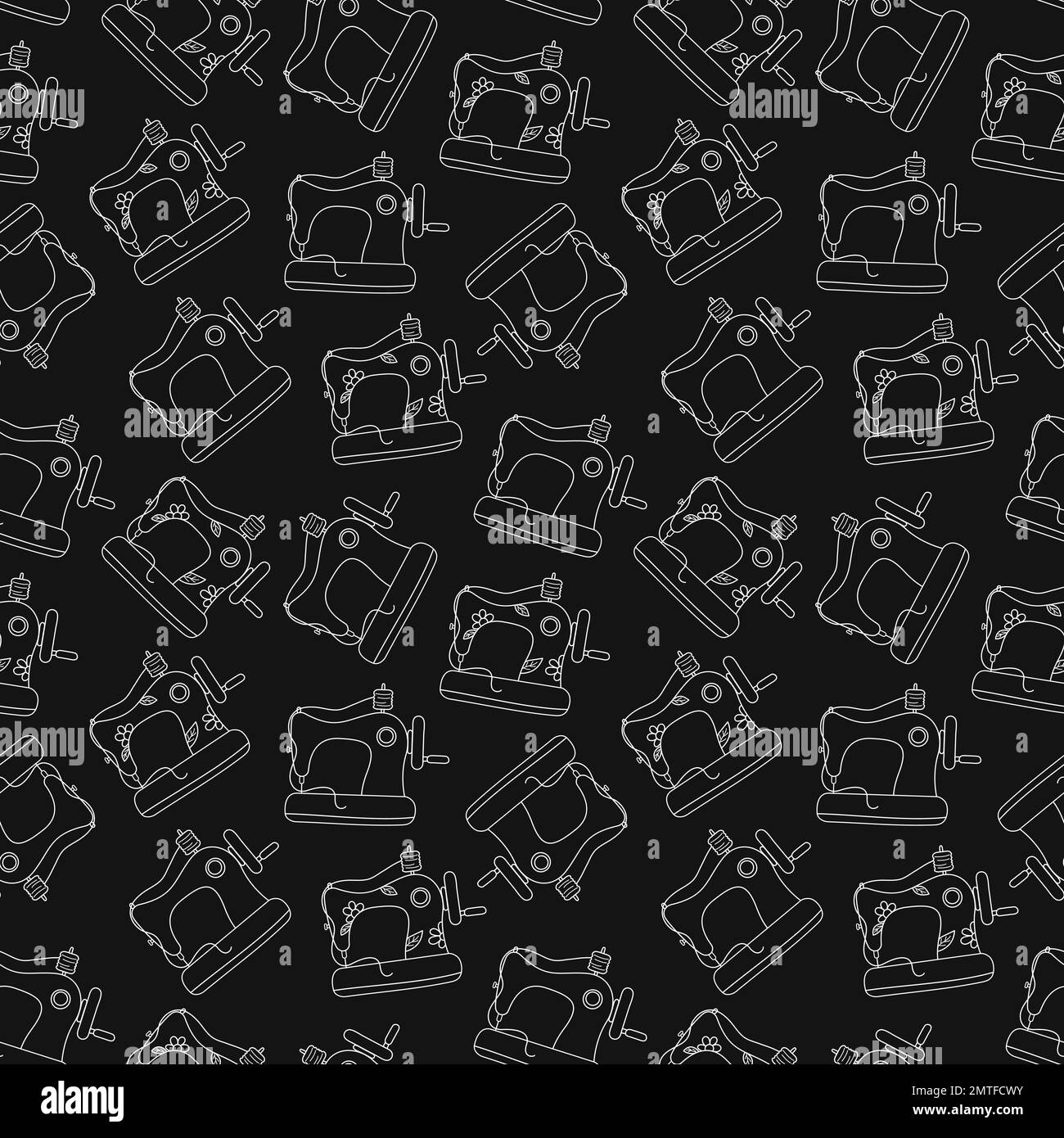 Les machines à coudre dandinent le motif sans couture. Arrière-plan vectoriel. Noir et blanc. Répéter l'illustration. Esquisser l'équipement de couture. Illustration de Vecteur