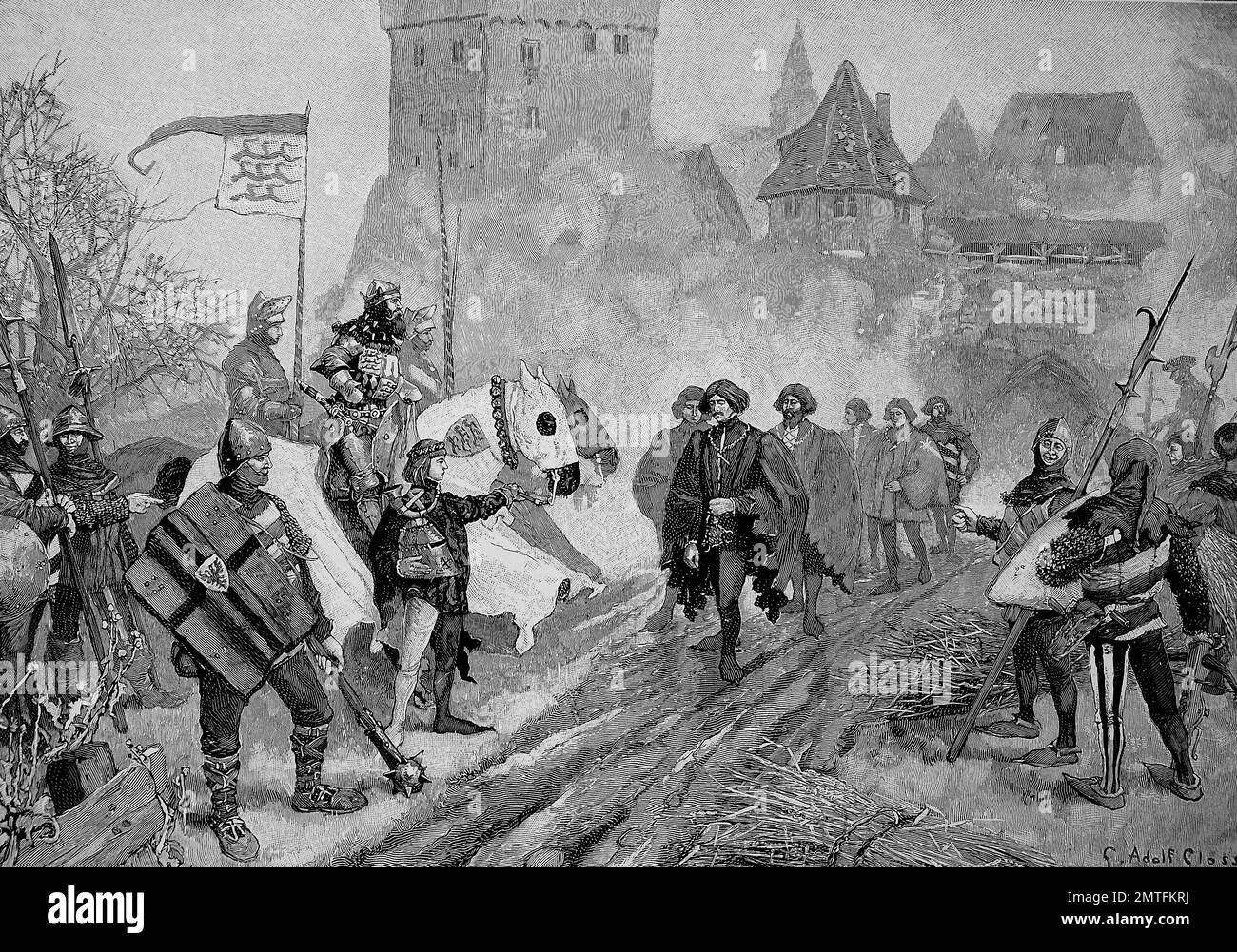 La victoire contre l'Schlegel-Gesellschaft en 1395 près de Heimsheim d'Eberhard III de Wurtemberg appelé der Milde le Clement 1364 - 16 mai 1417, illustration historique Banque D'Images