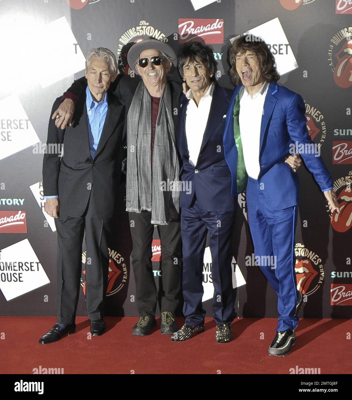 Charlie Watts, Keith Richards, Ronnie Wood et Mick Jagger assistent aux « Rolling Stones: 50 - Private View » tandis que les Rolling Stones célèbrent leur anniversaire de 50th avec une exposition à Somerset House à Londres, Royaume-Uni. 12th juillet 2012. . Banque D'Images