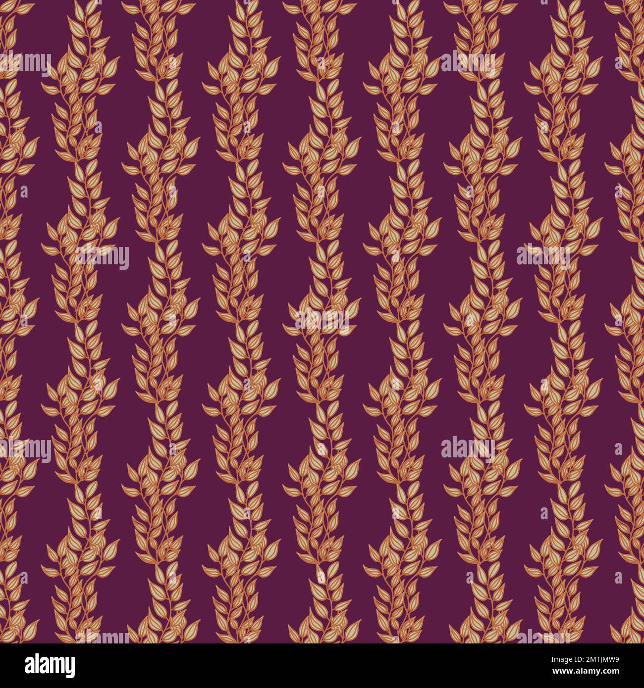 Motif sans couture avec motif de branches verticales. arrière-plan violet. Design tendance sans coutures avec feuilles dorées. Couleur Tuberose Illustration de Vecteur