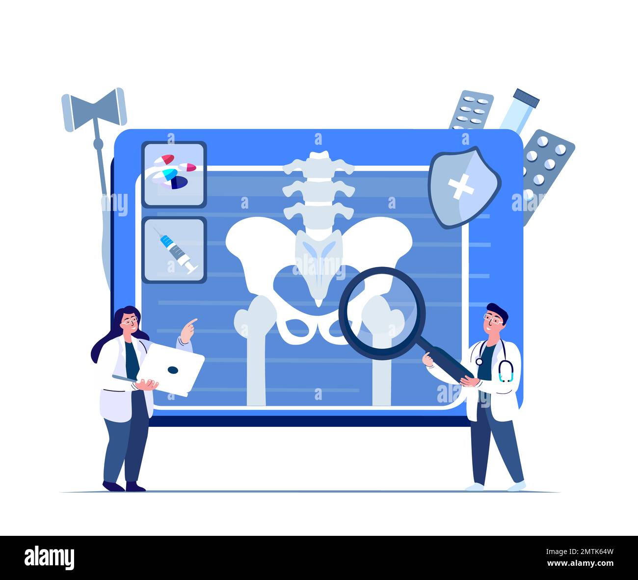 Spesialistes traumatologue orthopédiste médecins chirurgiens examinent la douleur articulaire de hanche.Arthoplastie,recherche sur l'arthrose.recherche clinique.Medic en ligne Banque D'Images