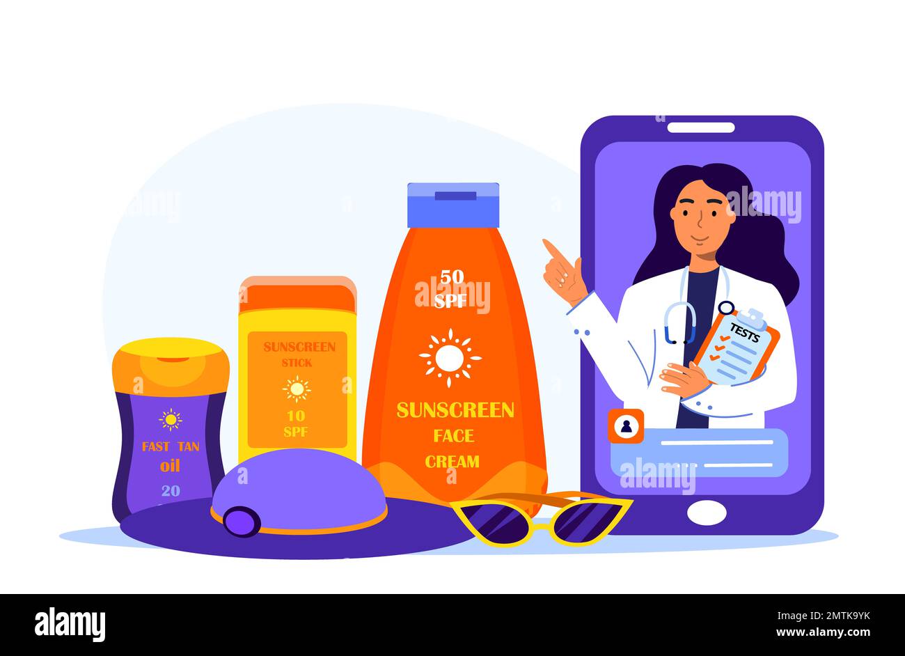 Consultation en ligne médecine.Dermatologue Femme médecin sur l'écran du téléphone recommander écran solaire, écran solaire, chapeau, lunettes de soleil. Bain de soleil sain. Protection de la peau Banque D'Images