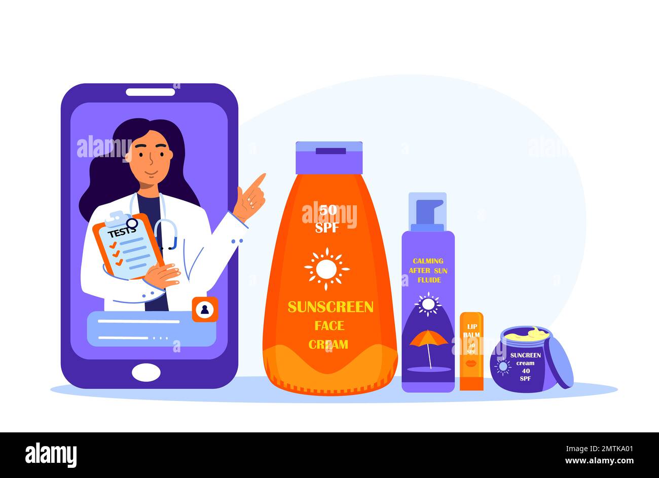 Application mobile de médecine en ligne. Dermatologue Femme médecin sur l'écran du téléphone recommander écran solaire, sunblock .Video consultation. Protection de la peau saine.Int Banque D'Images
